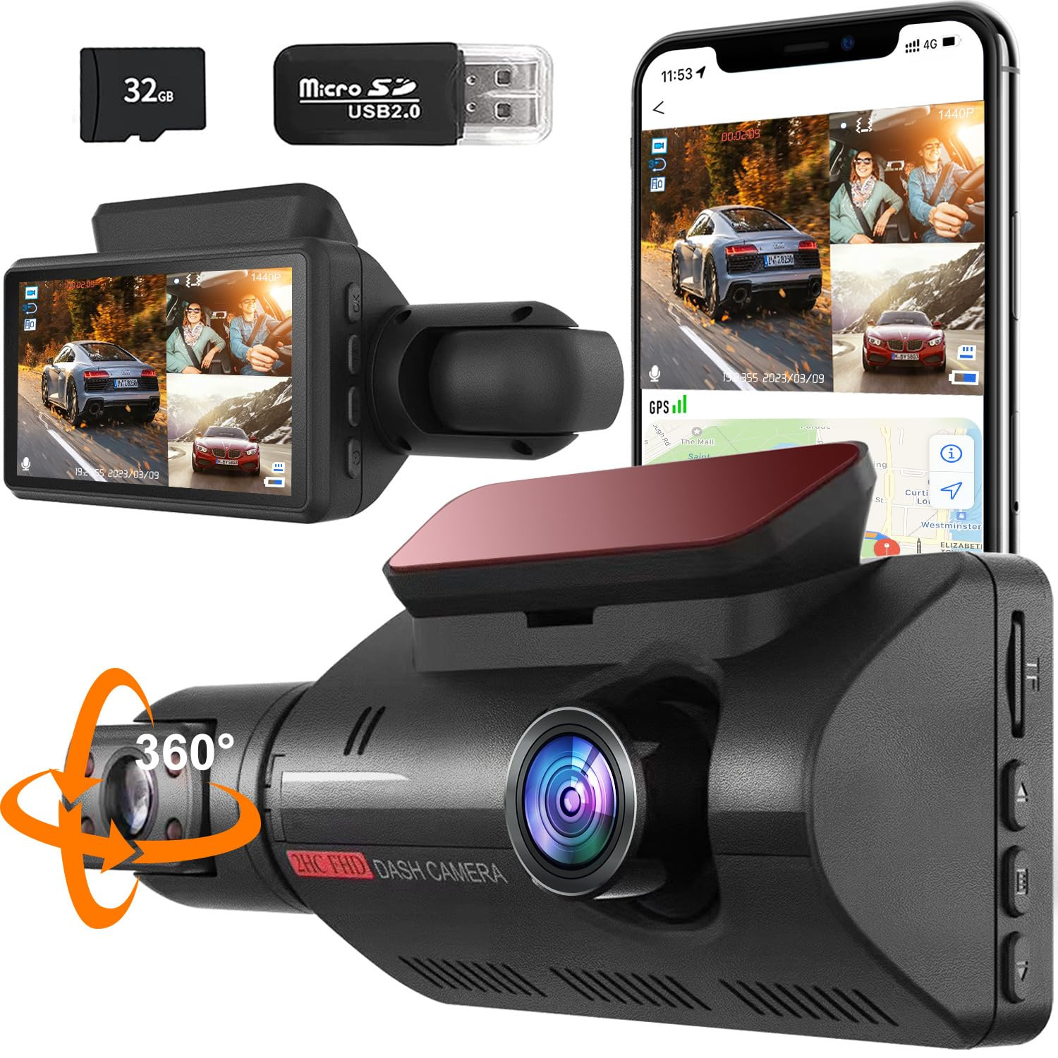 2 Channel 360° WiFi Dash Cam with 1440P Front and Interior Camera for Cars-image