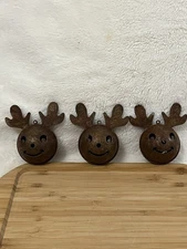 3 Rusty Tin Reindeer Jingle Bell Christmas Ornaments Primitive Craft Decor HTF