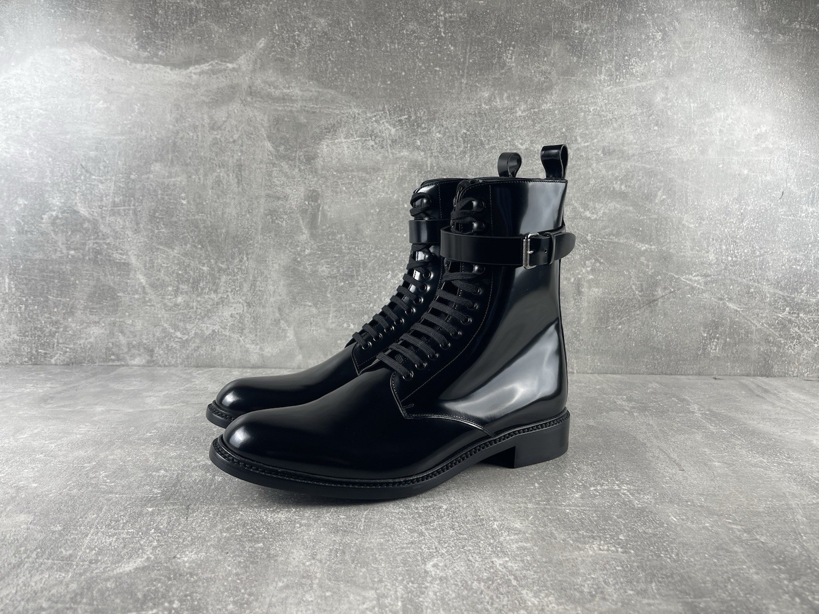 Saint Laurent Paris Patent Leather Lace-Up Combat Boots Ankle Strap Black EU 43