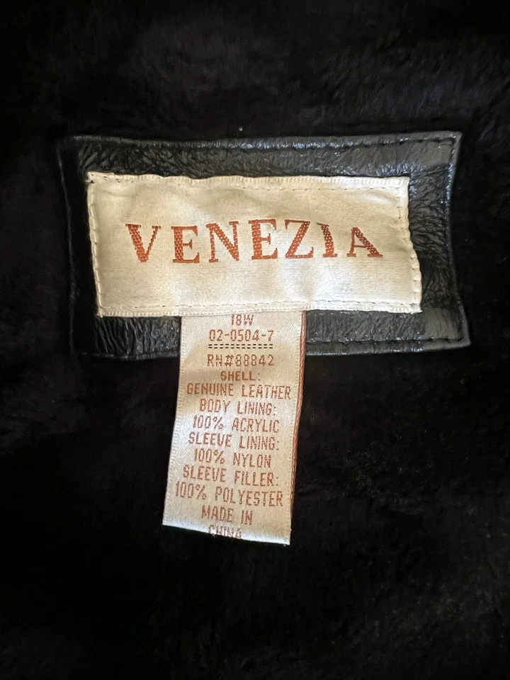 Venezia 复古皮革夹克女式加 18w 黑色长线夏尔巴内衬长线 — 第 3/4 张图片