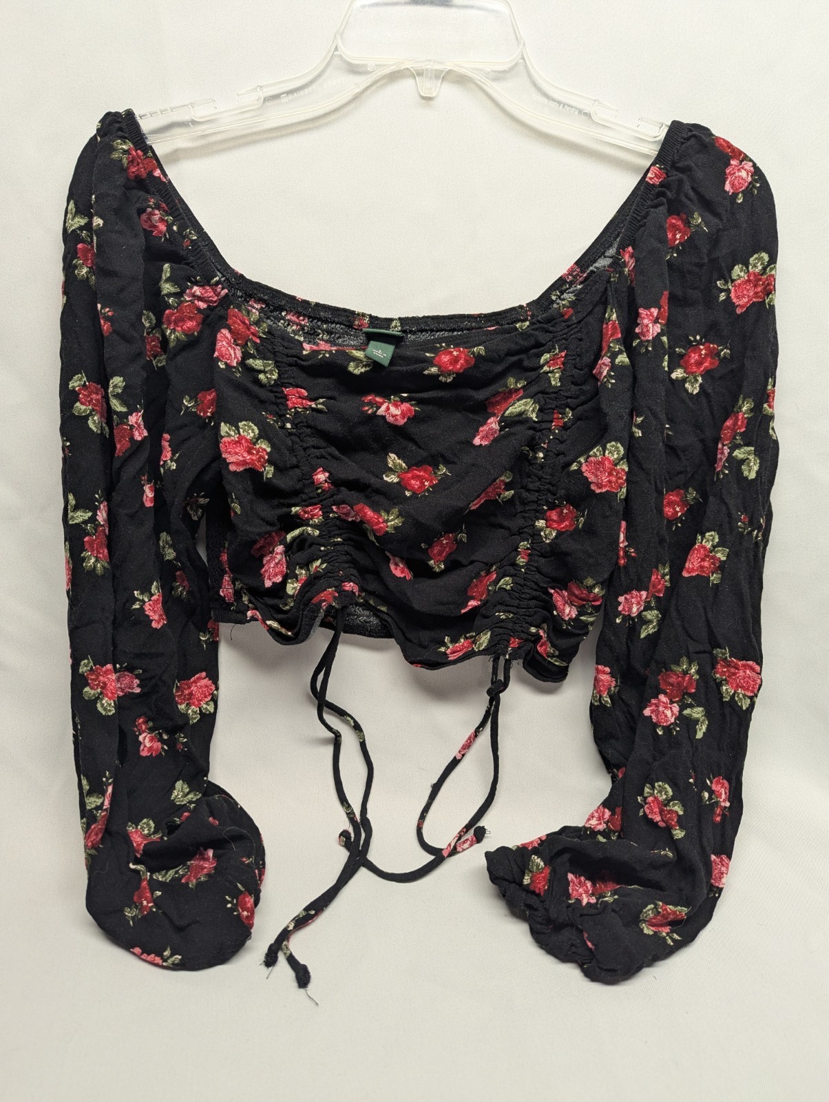 Women's Floral Bishop Long Sleeve Cropped Cinch Front Top -Wild Fable -S