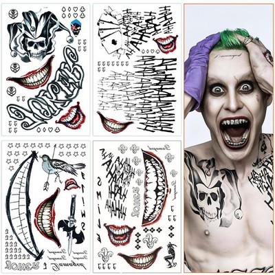 Joker Tattoos 4 Sheets,Halloween Temporary Large, Green, White, Red