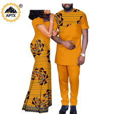 African Lace Print Long Dresses for Women Match Men Outfits Shirt and Pants Sets