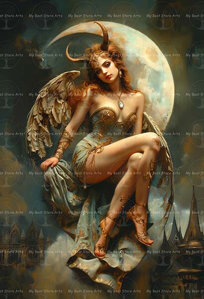 絵画 Light and Fallen Angel FALLEN ANGEL ON MOON ART PRINT, Lilith Succubus Demon Decor