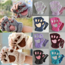 Women Girl Cute Cat Claw Bear Paw Gloves Warm Plush Half-finger Mittens