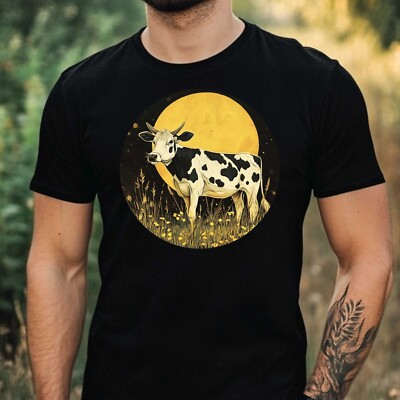 Mens Cow in Moonlight Motif Cotton T-Shirt Size XS to 5XL