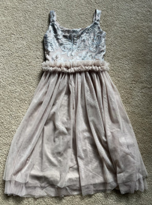 Youth Girls Beige A-Line Dress Size 10 Sequin Top Mesh Skirt