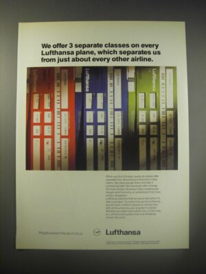 1990 Lufthansa Airline Ad - We offer 3 separate classes on every Lufthansa