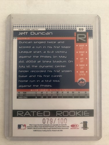 2003 Donruss Jeff Duncan Blue Press Proof Rated Rookie Seriel Numbered 79/100 - Picture 2 of 3