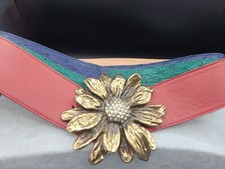 Vintage Brass Colored Dual Post Rhinestone Flower Belt Buckle W/3 Designer Belts