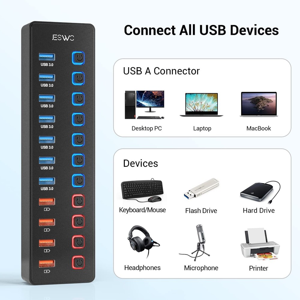 11-Port USB 3.0 Hub with 7 Data Ports & 4 Smart Charging Ports
