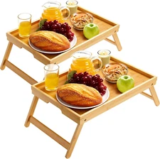 2 Pack Natural Bamboo Bed Breakfast Tray w/ Foldable Legs, Handles, Multipurpose