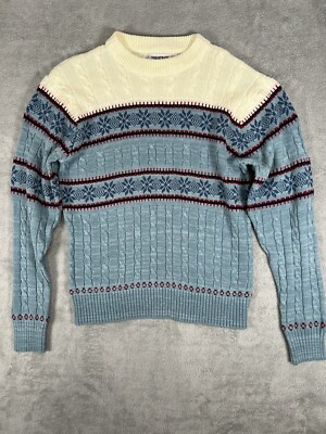 Vintage Trent Mens Size XL Blue Cable Knit  Fair Isle Crewneck Sweater Ski Lodge