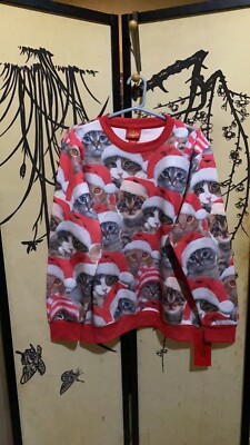 Threadcraft Men Women Red White Cute 3D Santa Cat Sweatshirt Ugly Xmas Sweater