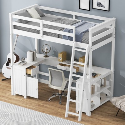 Twin/Full Size Loft Bed Frame with U-shaped Desk and Storage Shelves US Stock