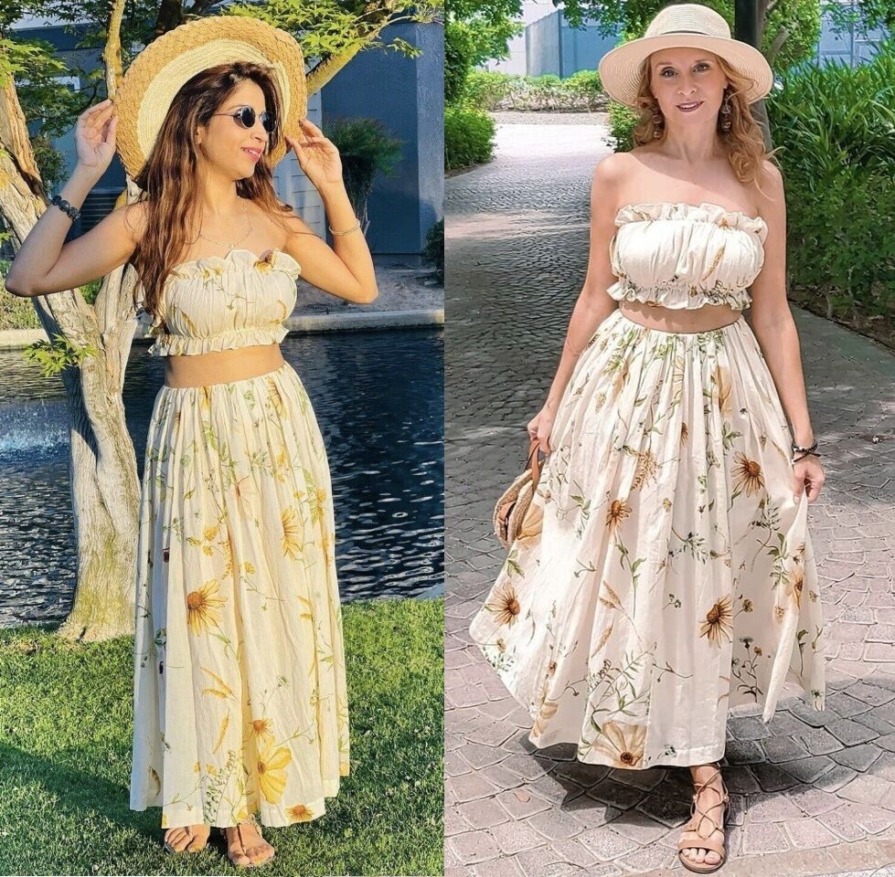 H&M Wildflower Sunflower Floral Print Midi Summer Skirt Top Set