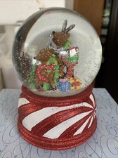 Christmas Reindeer Family w Presents  Christmas Pine Trees Snow Globe Rare New