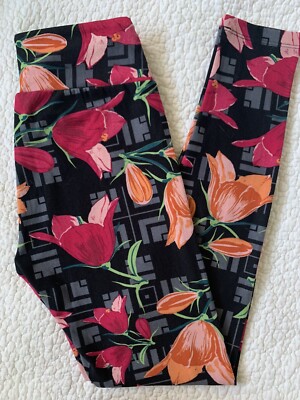 LuLaRoe Leggings OS Black & Gray with Hot Pink & Orange Tulips VINTAGE Floral