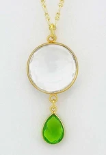GENUINE WHITE QUARTZ & PERIDOT PENDANT NECKLACE 14K YELLOW GOLD PLATED - NWT