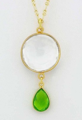 ECHTER WEISSER QUARZ & PERIDOT ANHÄNGER HALSKETTE 14K GELBVERGOLDET - NEU MIT ETIKETT