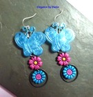 Blue Butterflies Flower Drop Earrings Statement Handmade Colorful Garden FUN — photo 4