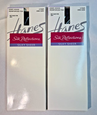 2x Hanes Silk Reflections Silky Sheer Knee Highs Jet Black Reinforced Toe 4 pair