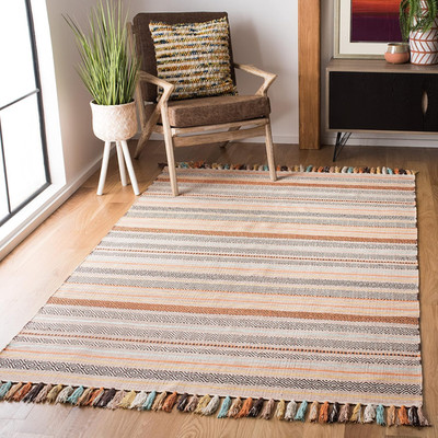 Montauk Handmade Boho Stripe Rug 5' X 8' - Beige & Multi, High Traffic Friendly