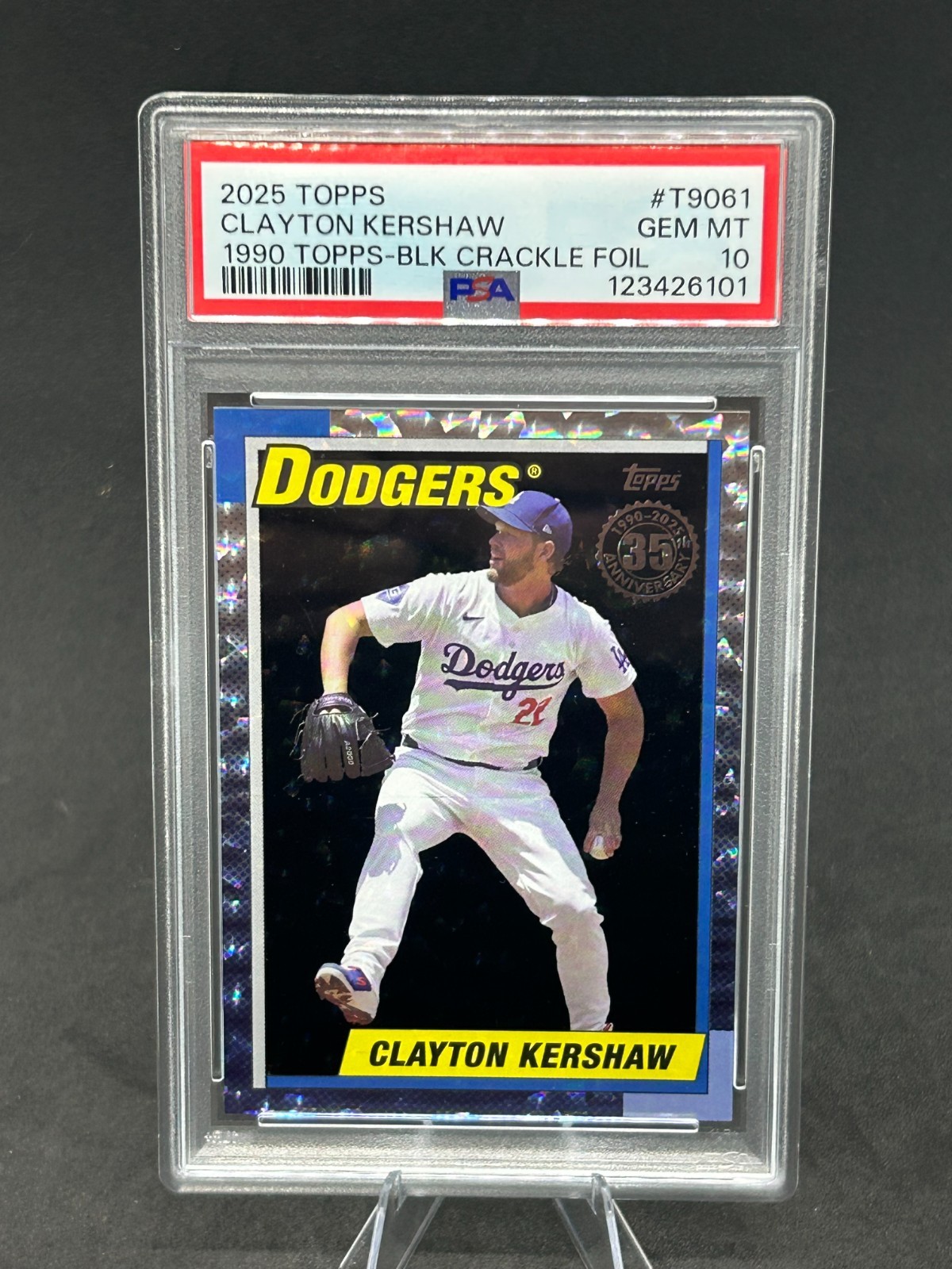 2025 Topps #T90-61 Clayton Kershaw 35th Anniversary BLK Crackle foil /10PSA 10 view 1