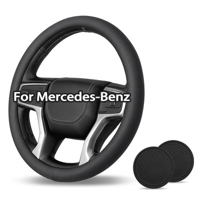 15inch steering wheel cover with Car coasters for Mercedes Benz Genuine Leather