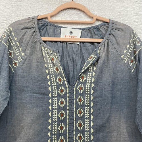 Sundry Shirt Womens XS Blue Embroidered Boho Peasant Tunic 3/4 Sleeve Split Neck - Picture 4 of 10