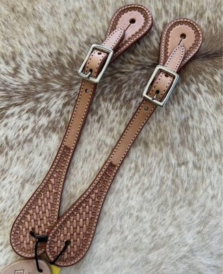 Adult Size Pair Top Grain Basketweave Tooled Leather Western Basic Spur Straps