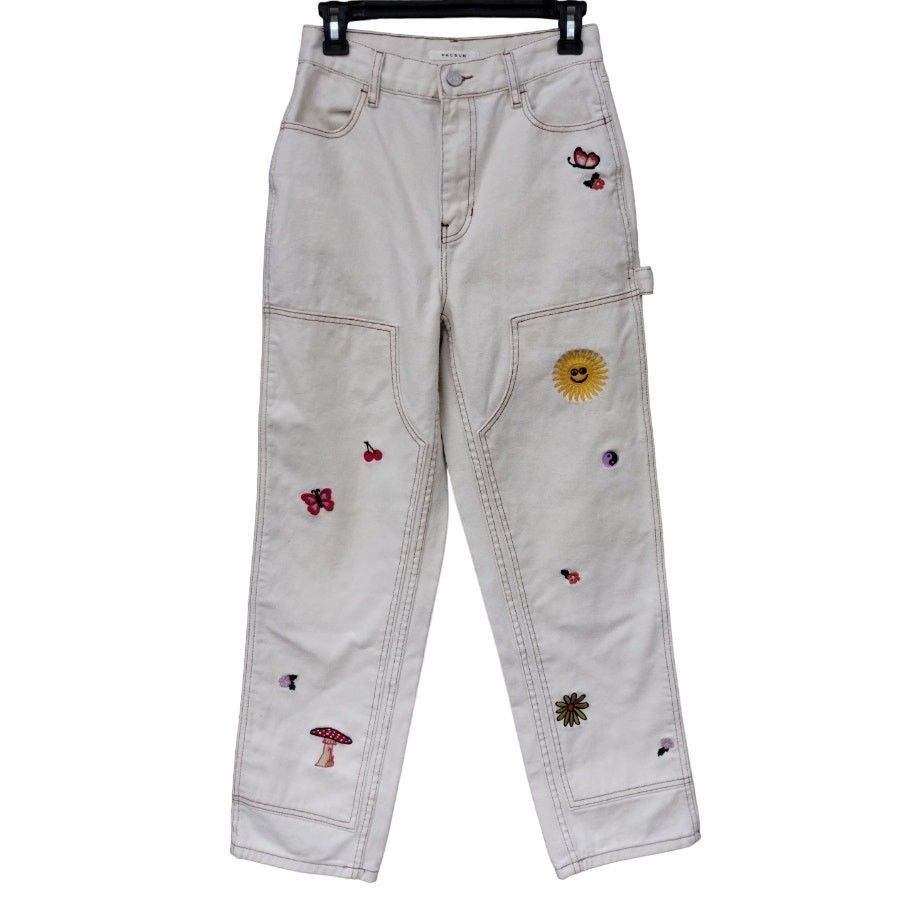 PACSUN Women's High Rise Carpenter Embroidered Off White/Cream Jeans Size 26 (2) thumbnail 3