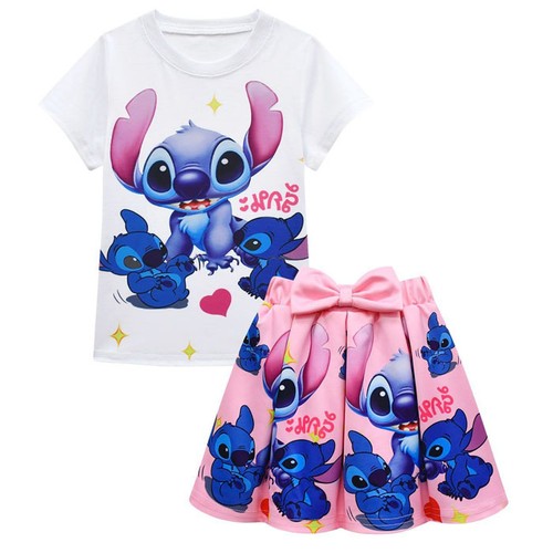 Conjunto de faldas plisadas para niños Lindo conjunto de camiseta vestido estampado de puntada lilo niñas - Imagen 16 de 33