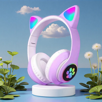 Wireless Headphones RGB Cute Cat Ears Headset with Microphone Noise Can
