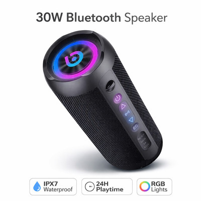 Portable Bluetooth Speaker 30W IPX7 Waterproof Deep Bass BT 5.4 RGB LED 24H TWS
