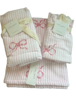 Laura Ashley Pink Bows Stripe Bath, Hand  & Fingertip Towel Set Towels 6pc