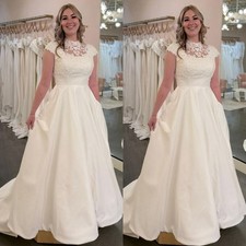 Wedding Dress High Neck Short Sleeves Lace A Line Satin Sweep Train Bridal Gown