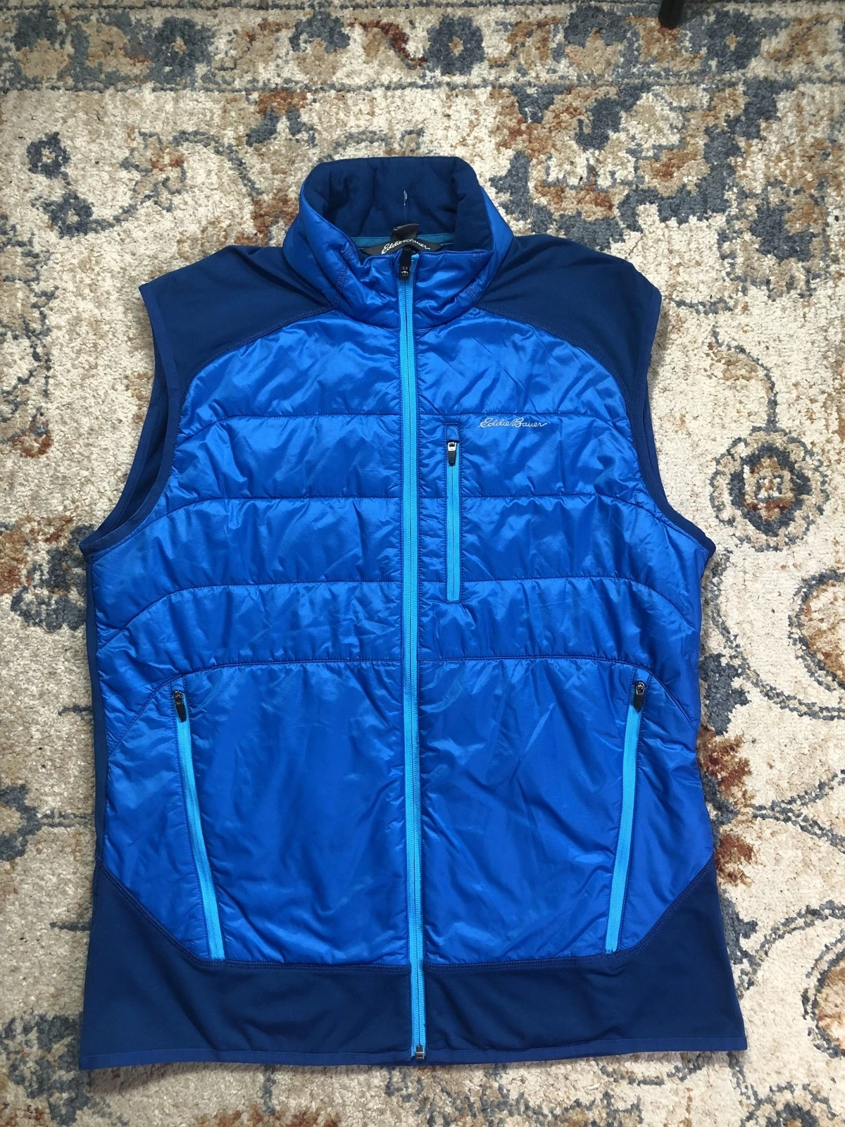 Eddie Bauer Vest Mens Medium Blue Quilted Puffer Freeheat Fleece Back Full Zip