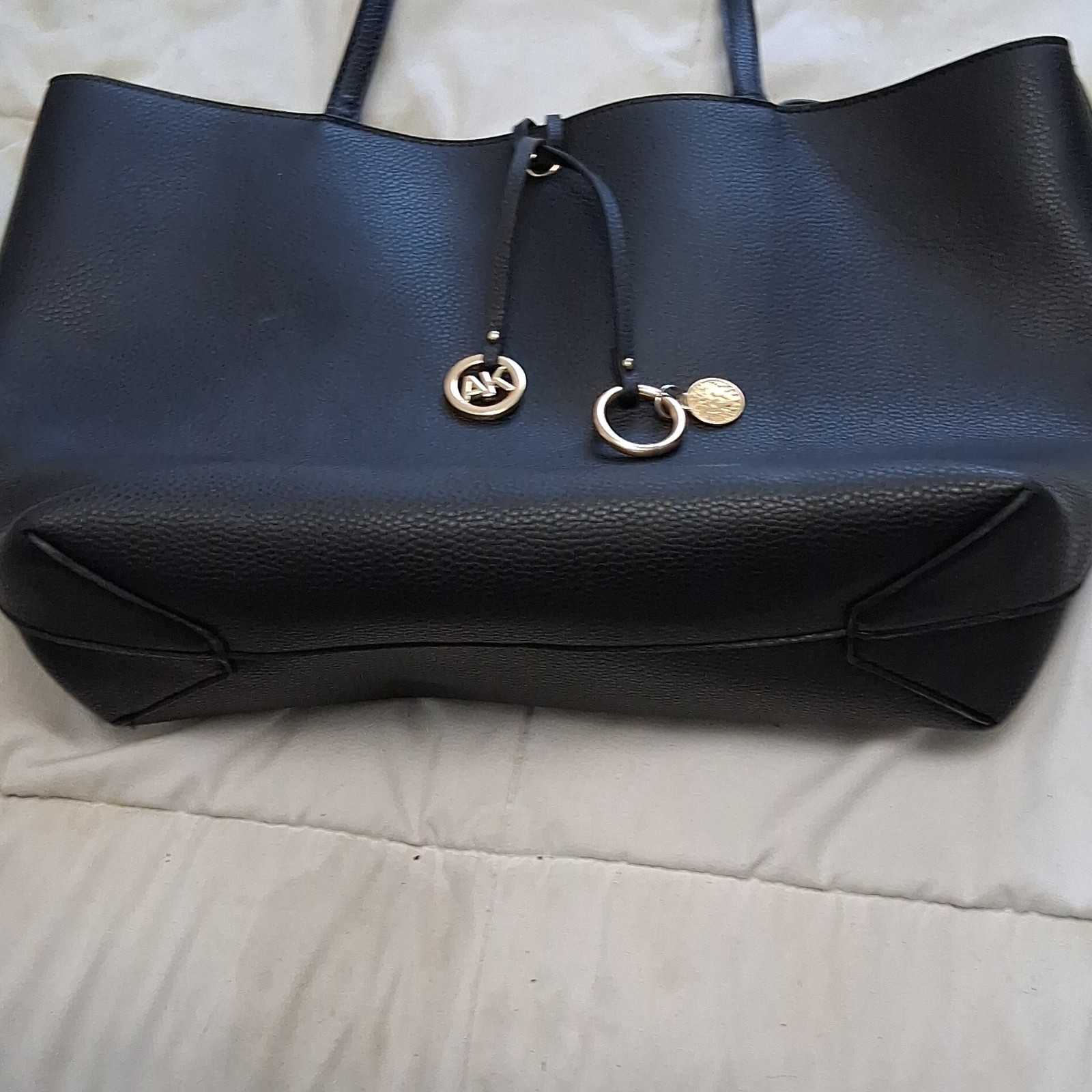 Anne Klein Black Pebbled Shoulder Bag Gold Hardware Logo Accent Zip