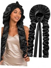 Double Layer Slik Like Satin Bonnet, 33-43" XXL Bonnet for Braids Long Black