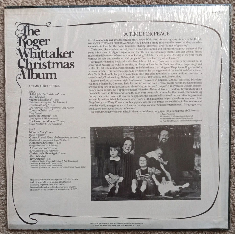 The Roger Whittaker Christmas Album A time for peace 1978 LP + original shrink - Image 2 of 4