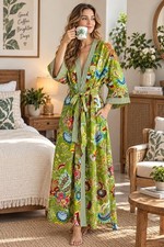 Indian Peacock Print Robe Kimono Cover Up Bridal Gift Robe Cotton Boho Green