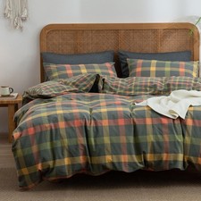 Plaid Duvet Cover Set Queen Washed Cotton Reversible Bedding Multicolor Buffalo