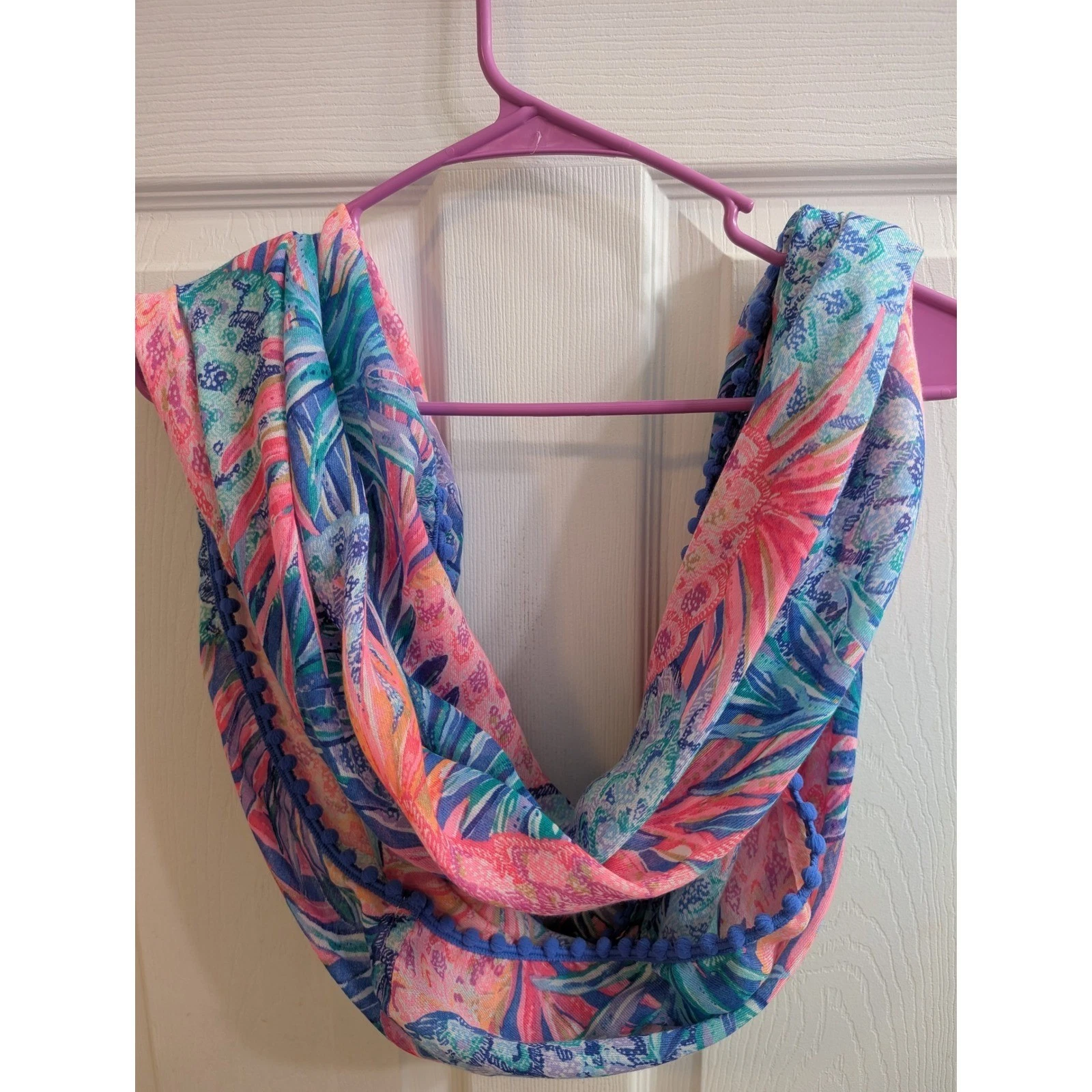 Lilly Pulitzer Infinity Scarf Tropical Print Blue Pink Pom Pom Trim Women