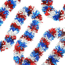 33FT 4Th of July Patriotic Tinsel Garland Red White Blue Metallic Twist Foil Tin