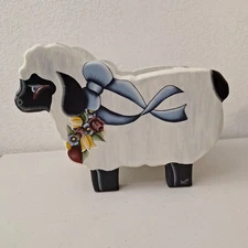 Vintage Primitive Folk Art Handpainted Wood Sheep Signed Marked Country Rustic 