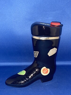 VINTAGE KERAMIK SCHWARZ STIEFEL SCHUH KARAFFE MIT KORKSTOPFEN MIT REISEAUFKLEBERN.