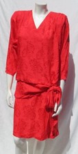 Vtg 1980S SILK STUDIO Red Floral Rose Jacquard Drop Waist Dress US sz 10 fits 6