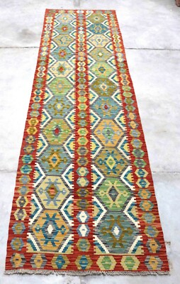 Afghan Kundoz Original Handgefertigt Tribal Mehrfarbig Wolle Kelim Teppich 80x293cm