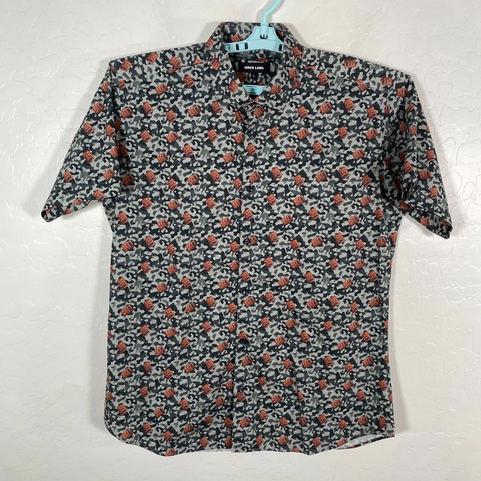 Jared Lang Shirt Mens Large Gray Button Up Short Sleeve Camo Briefcase Print - Image 2 of 4